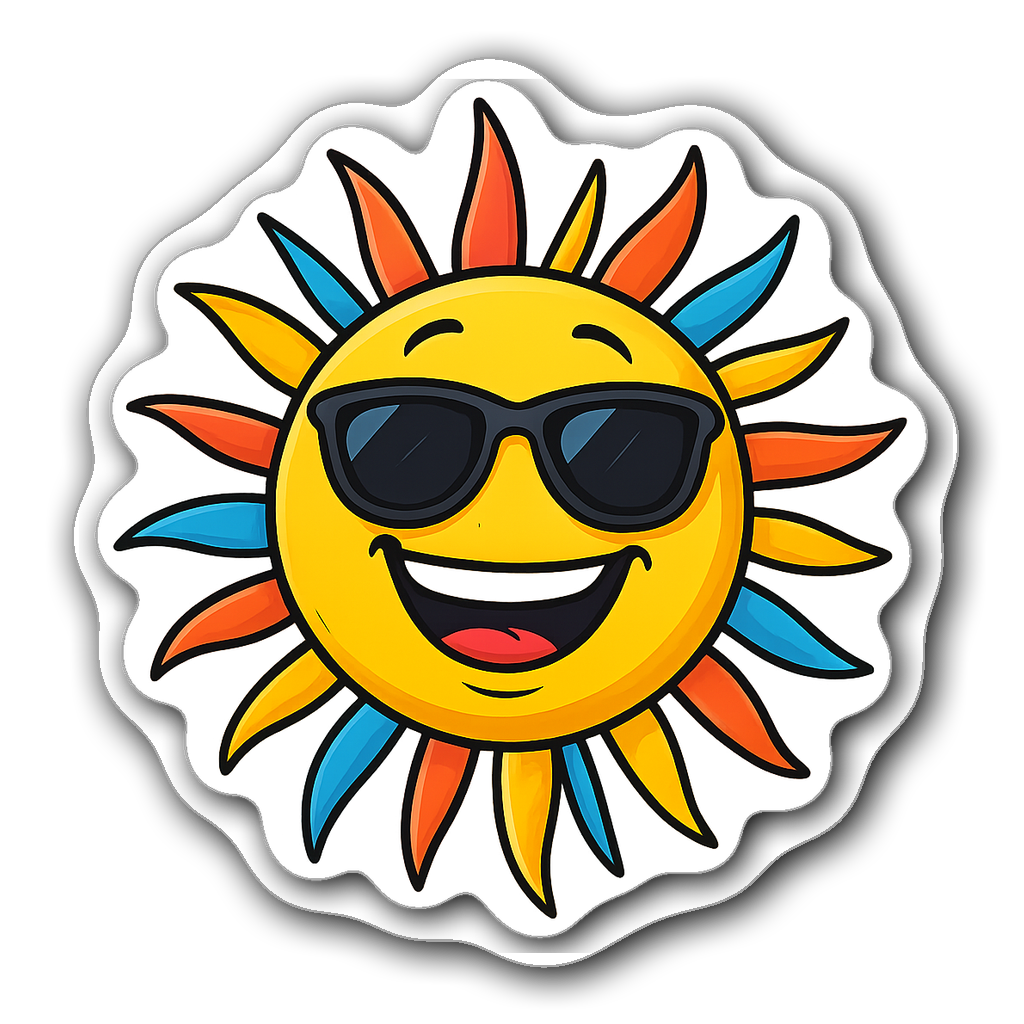 Cartoon sun wearing sunglasses with colorful sunbeams