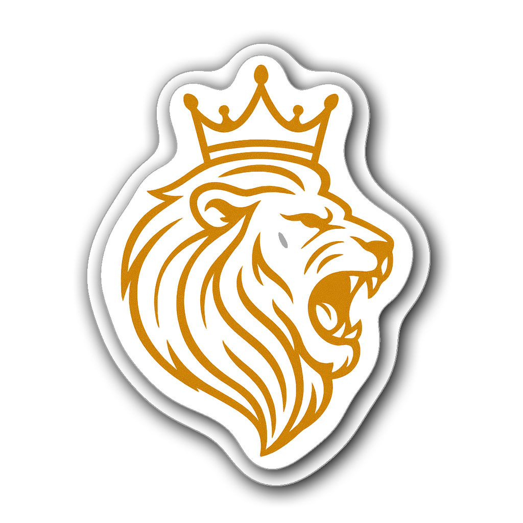 Minimalist line art sticker of a roaring lion with a crown