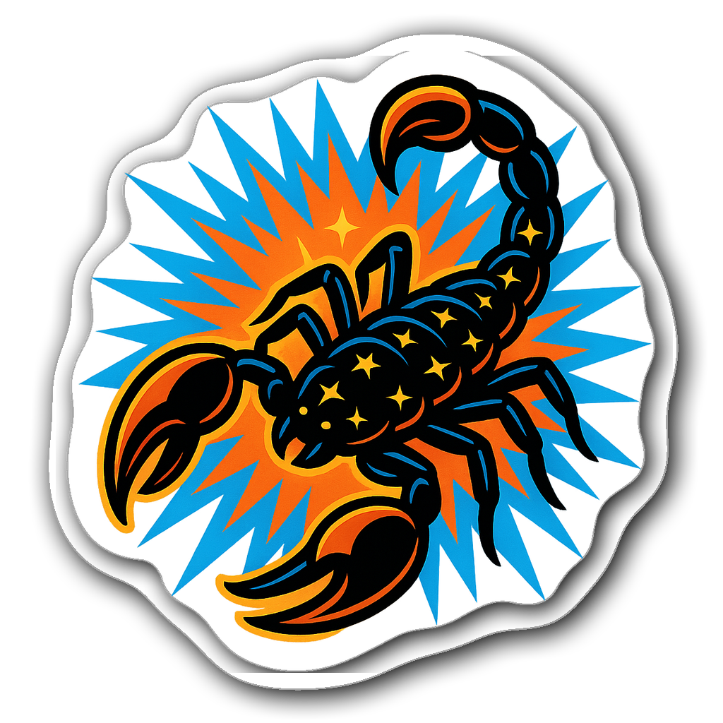 Bold comic book style Scorpio sticker with electric colors