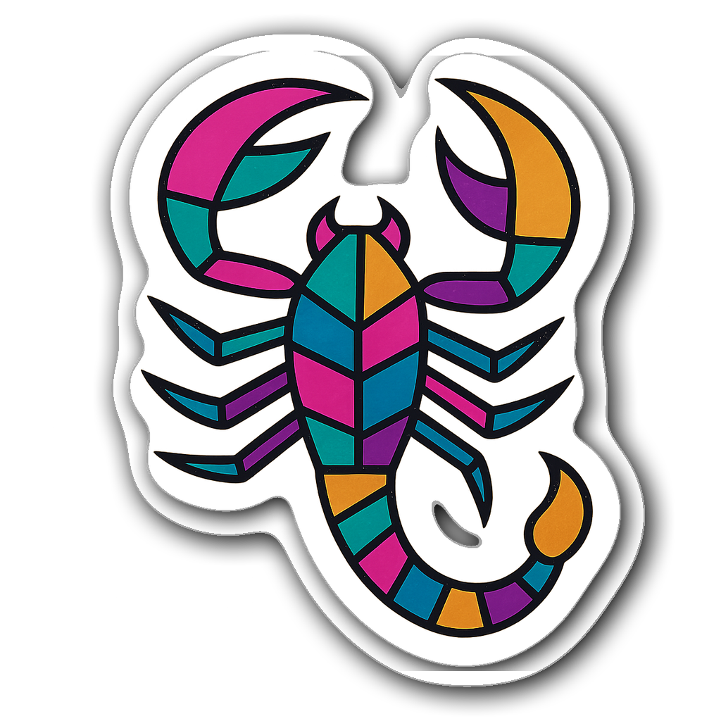 Vibrant Scorpio sticker in pop art style with geometric shapes.