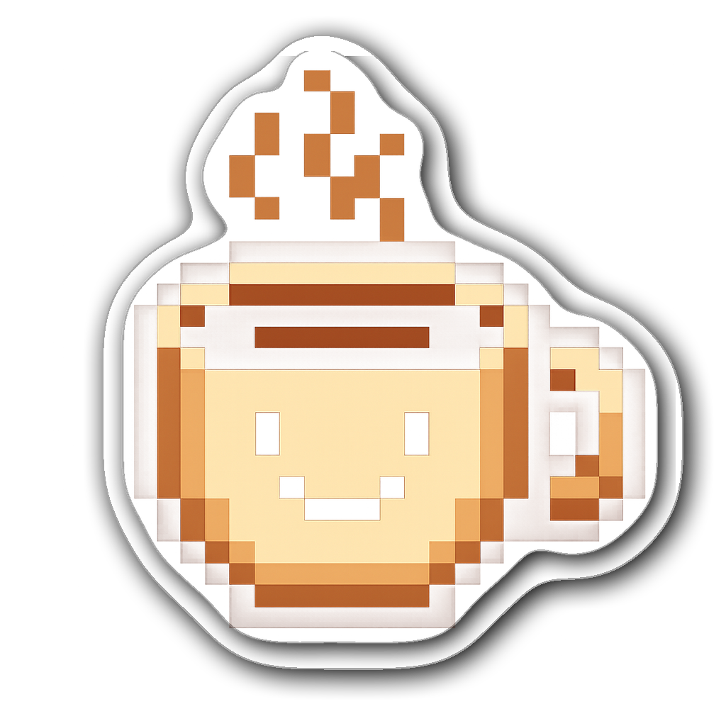 8-bit retro coffee cup with smiling face and steam
