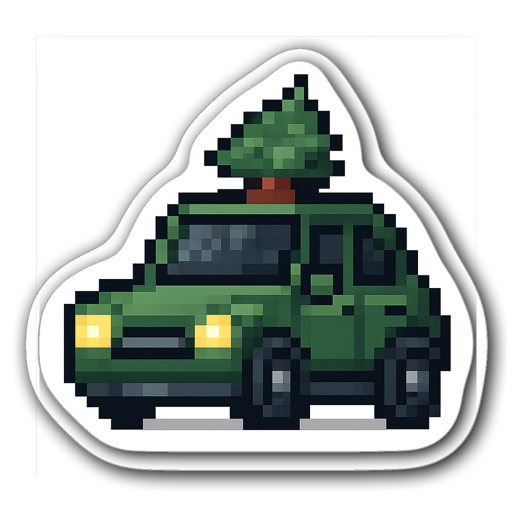 Pixel art compact car with animated headlights and tree