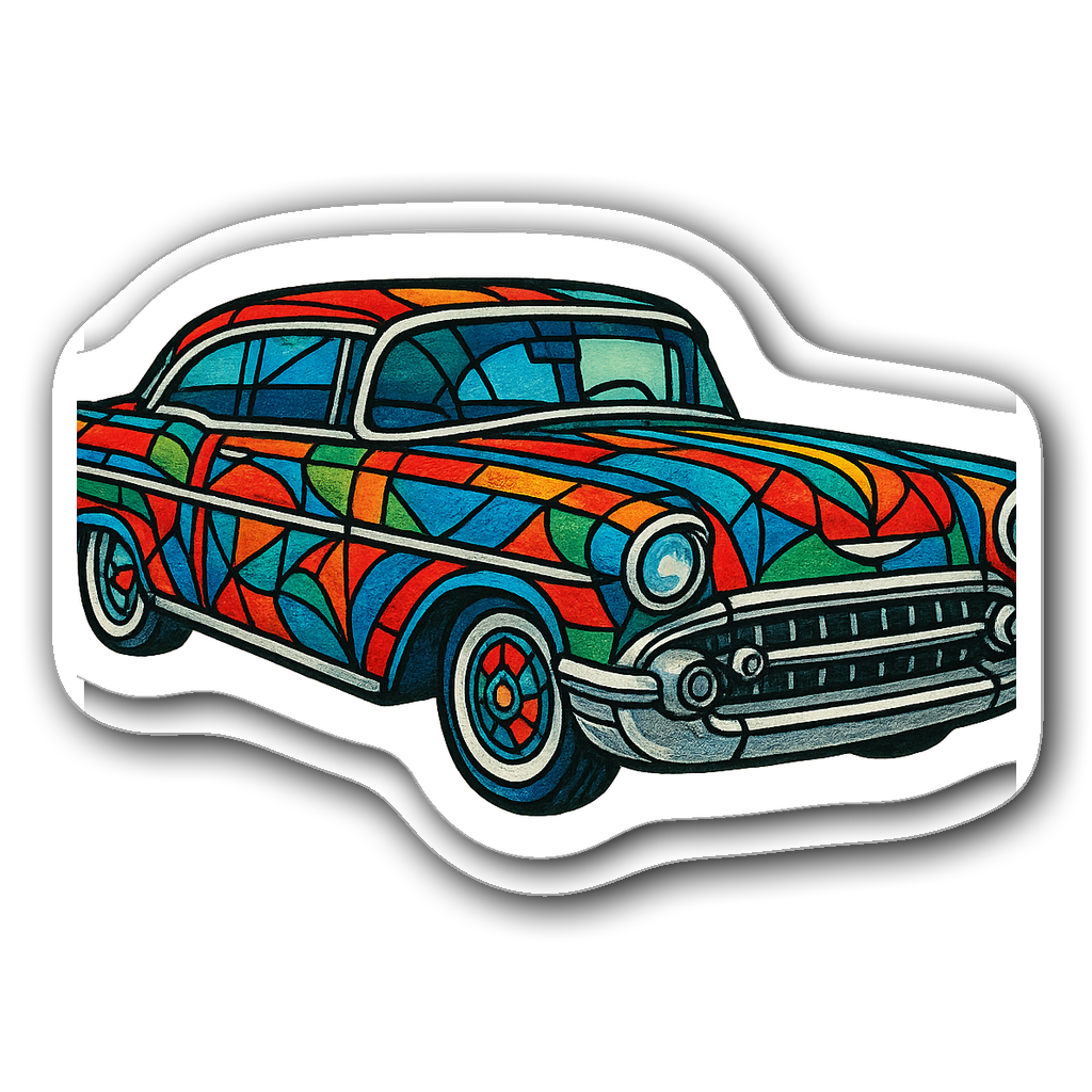 Vintage car sticker with stained glass patterns in vibrant colors
