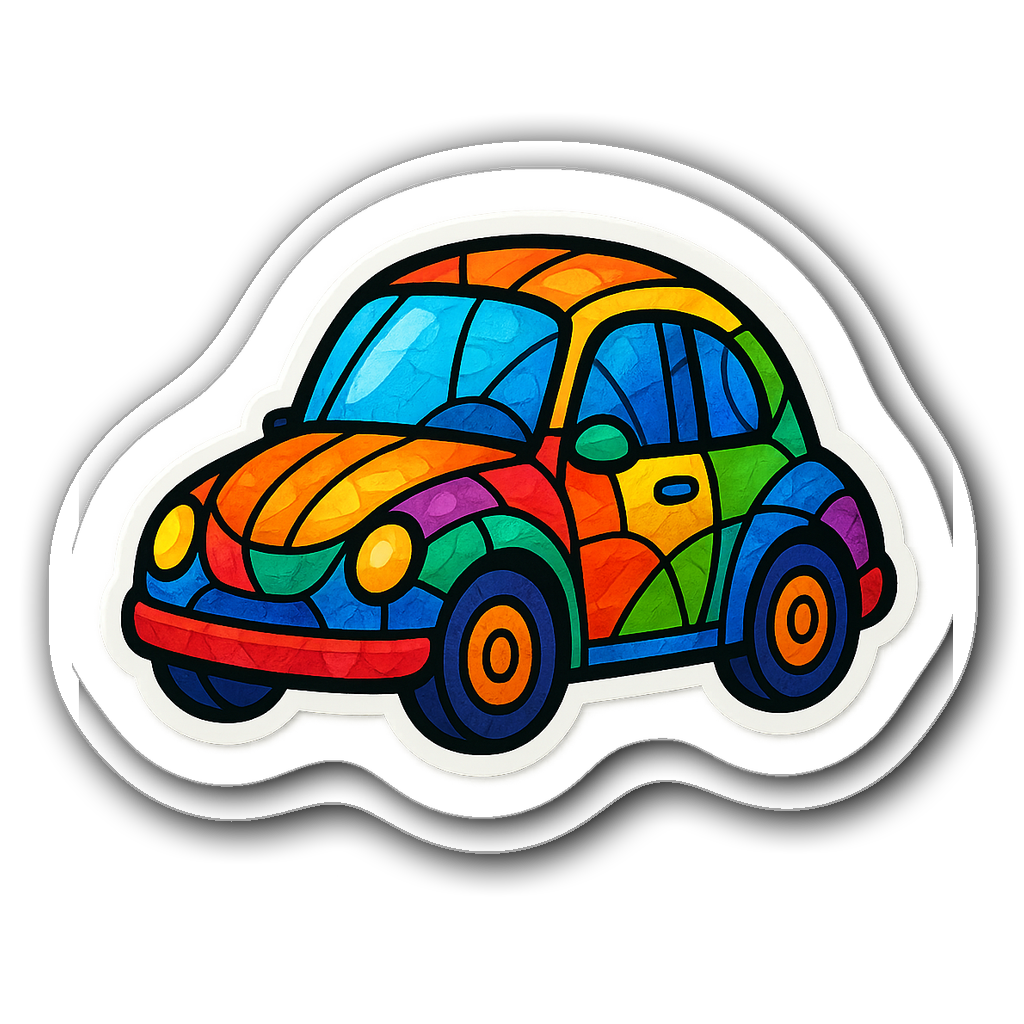 Cartoonish mini car with a rainbow stained glass design