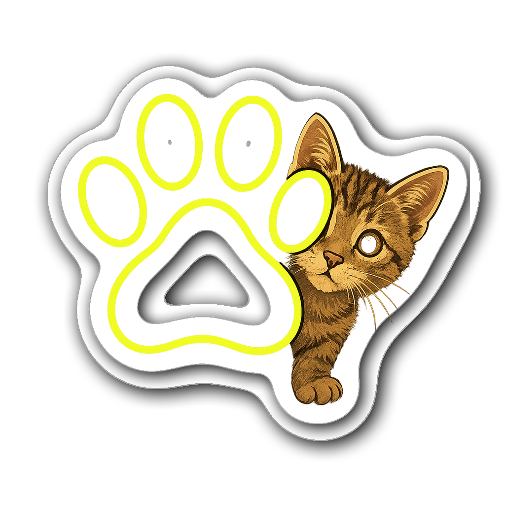 Curious kitten peeking behind a neon green paw print