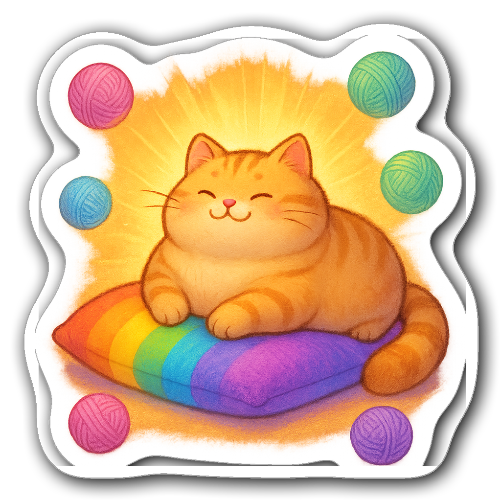 Chubby cat on a rainbow pillow with backdrop of pastel yarn balls