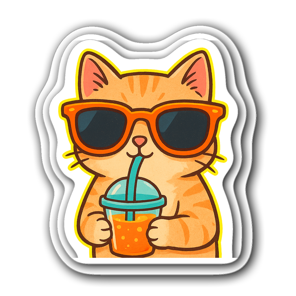 Cute cat wearing neon sunglasses and sipping a drink