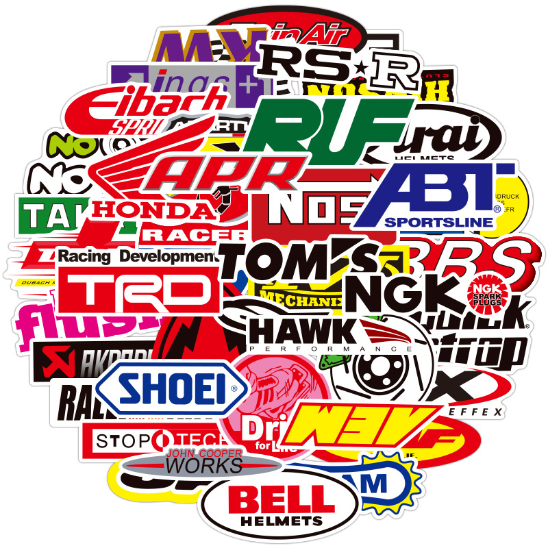 Colorful stickers for cars and motorcycles in various designs.