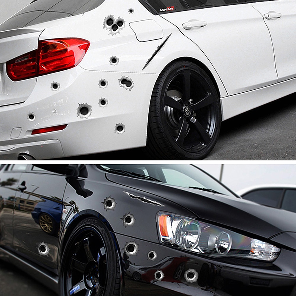 Car scratch simulation sticker with bullet hole designs
