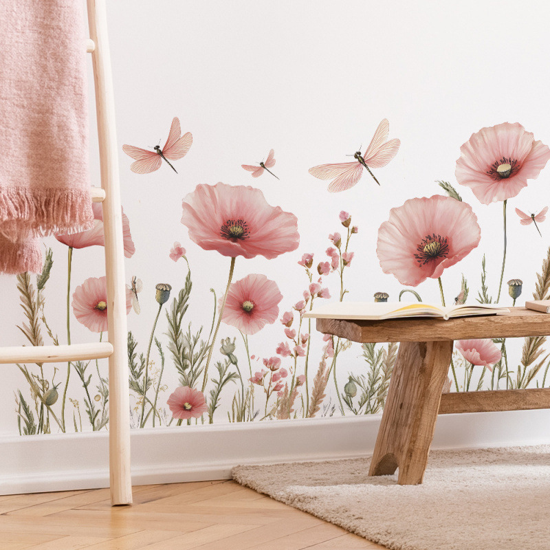 Watercolor wall decal of pink poppies and a dragonfly