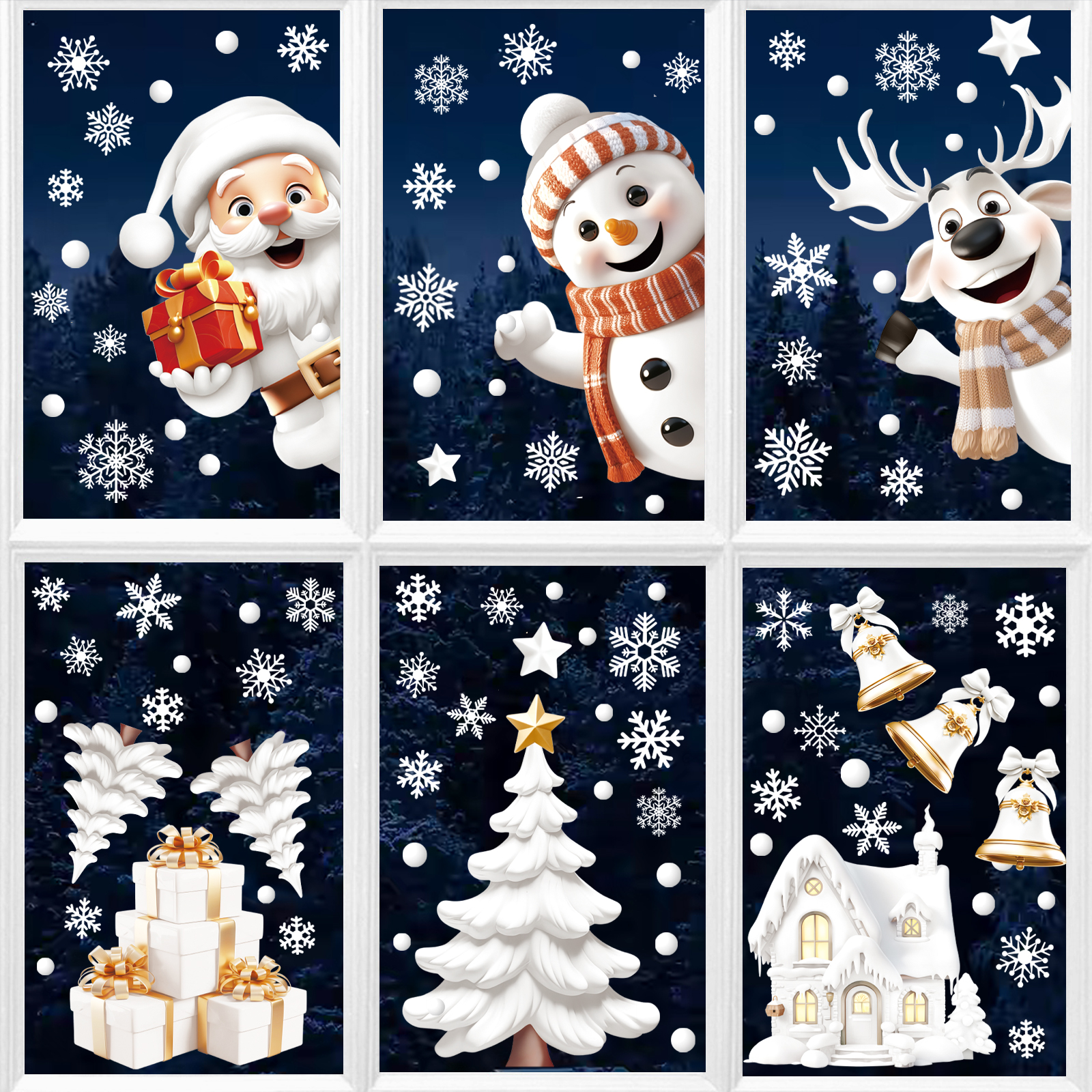 Festive Christmas window stickers featuring Santa, snowmen, and trees.