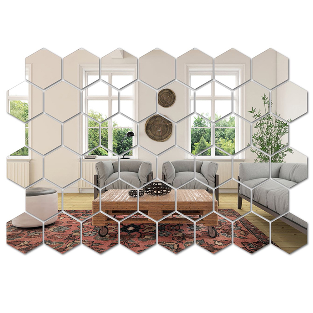 A set of hexagon mirror wall decals in various colors.