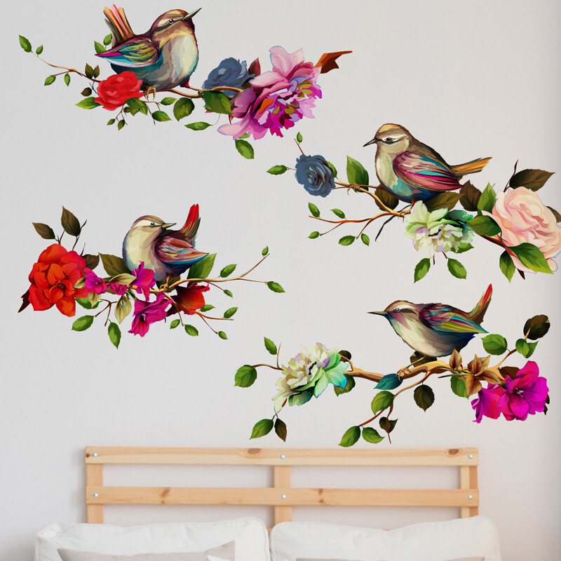 Magpies Branch Flower Wall Sticker design featuring birds and flowers