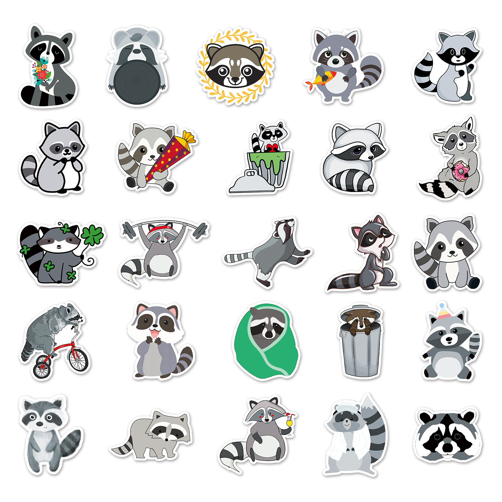 Cute coati decorative waterproof stickers in various designs.