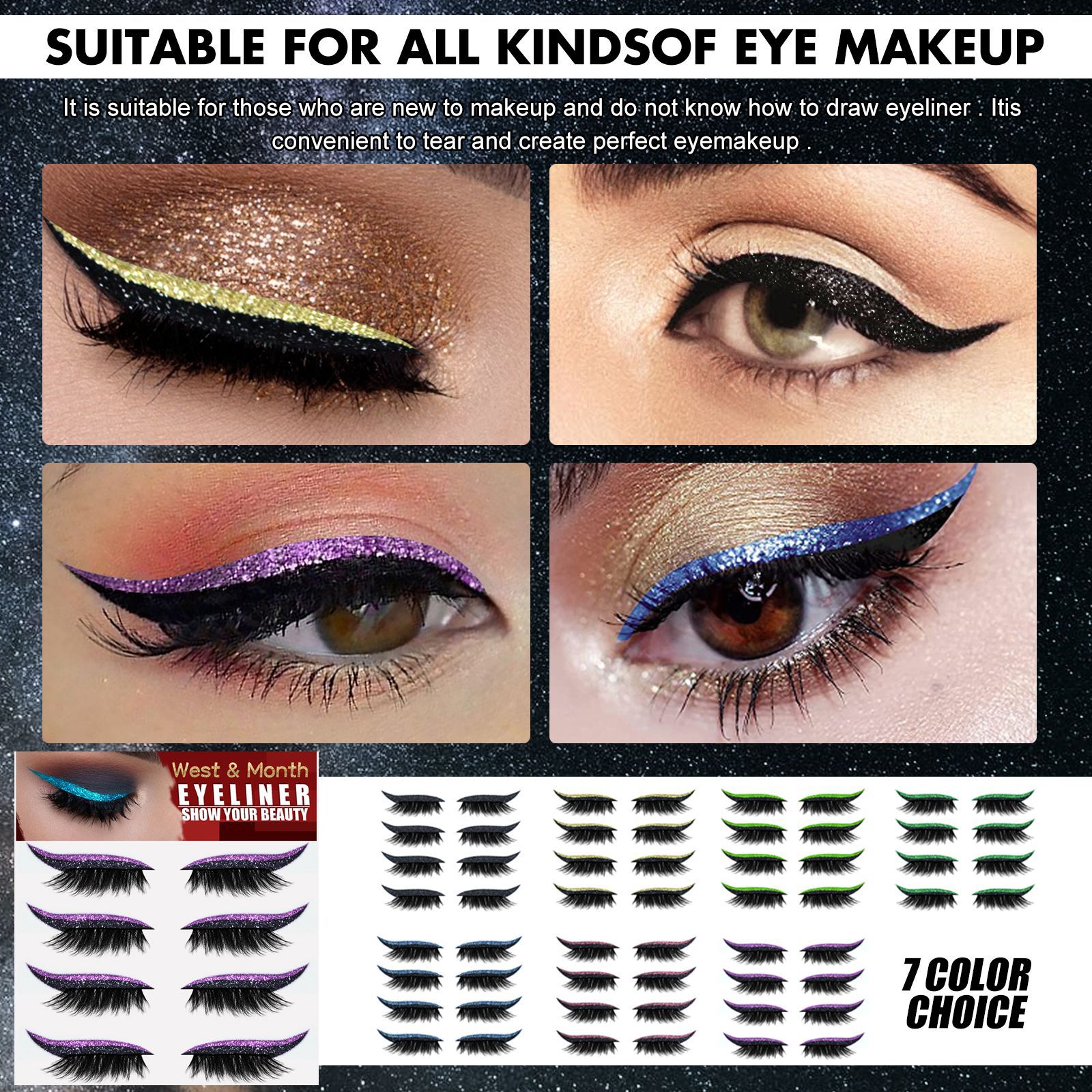 Decorative vinyl stickers featuring eyelashes and eyeliner designs.