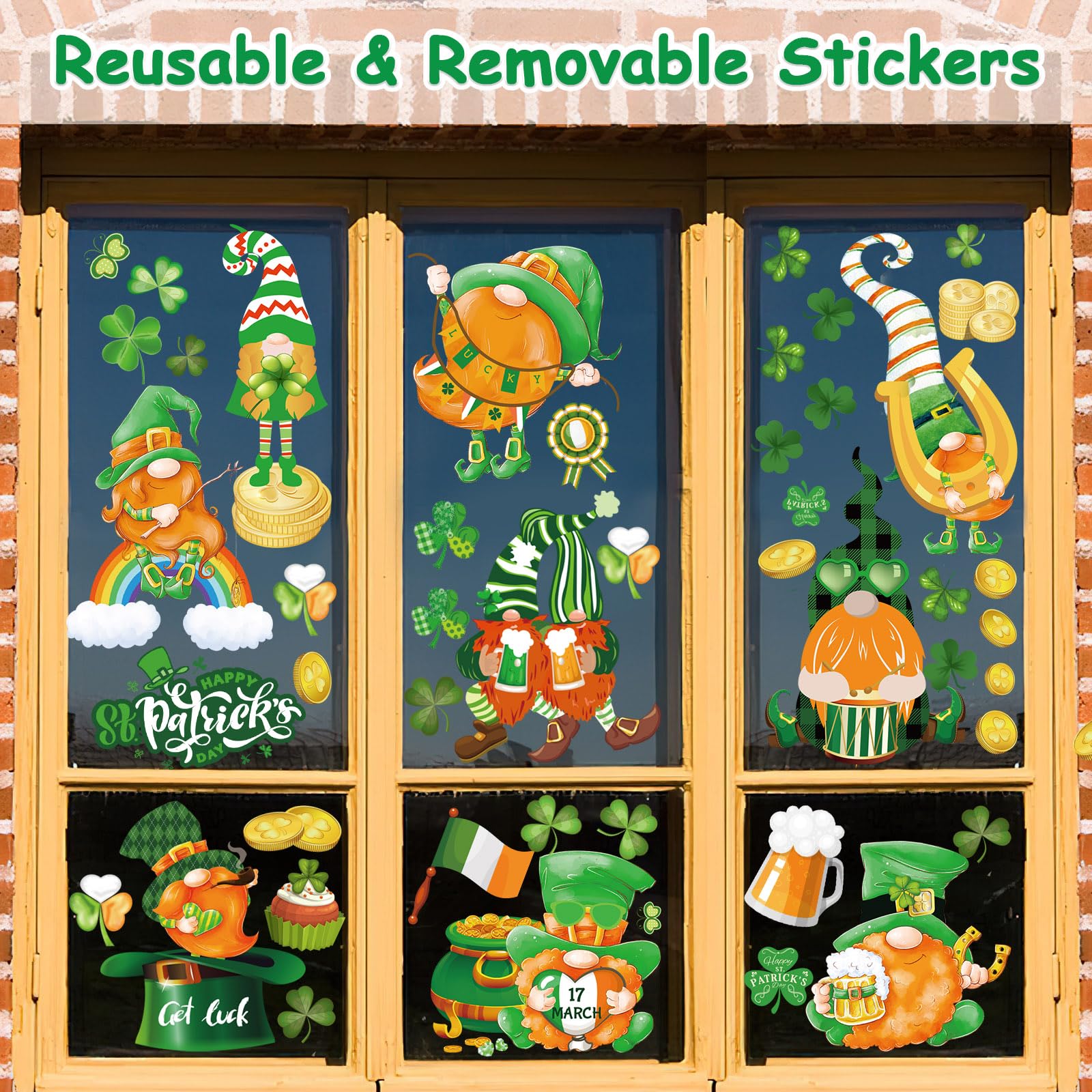 St. Patrick's Day gnome window decals with shamrocks and rainbows