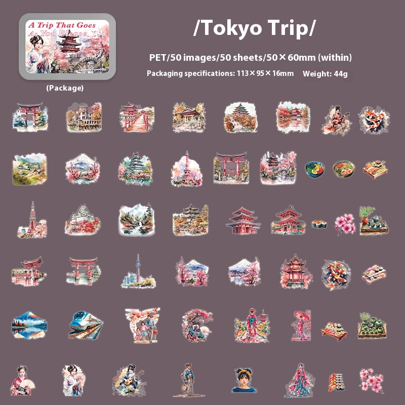 Retro travel stickers featuring Paris, Tokyo, London, Greece, Hawaii, and Italy.