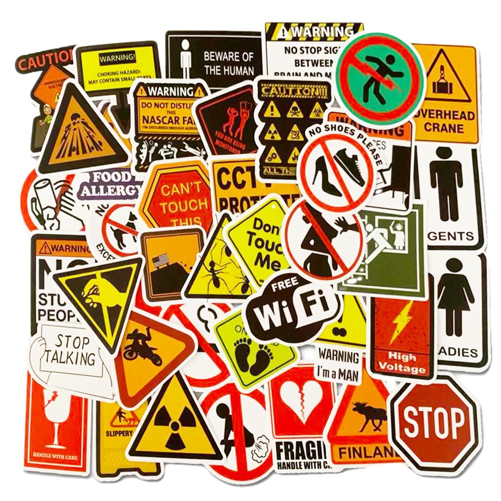 Set of cartoon warning sign decals in vibrant colors.