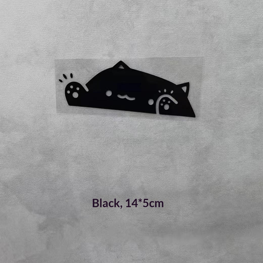 Waving kitten car window decal in black, white, and iridescent