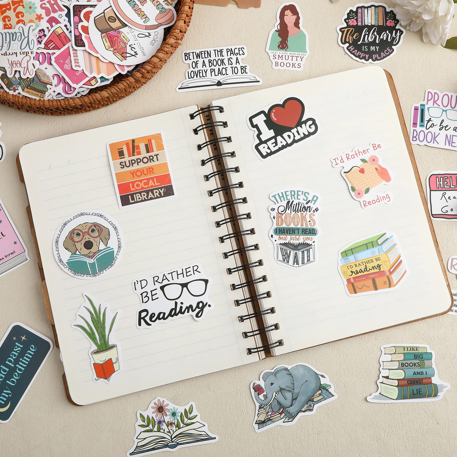 Colorful book-themed vinyl stickers for personalizing items