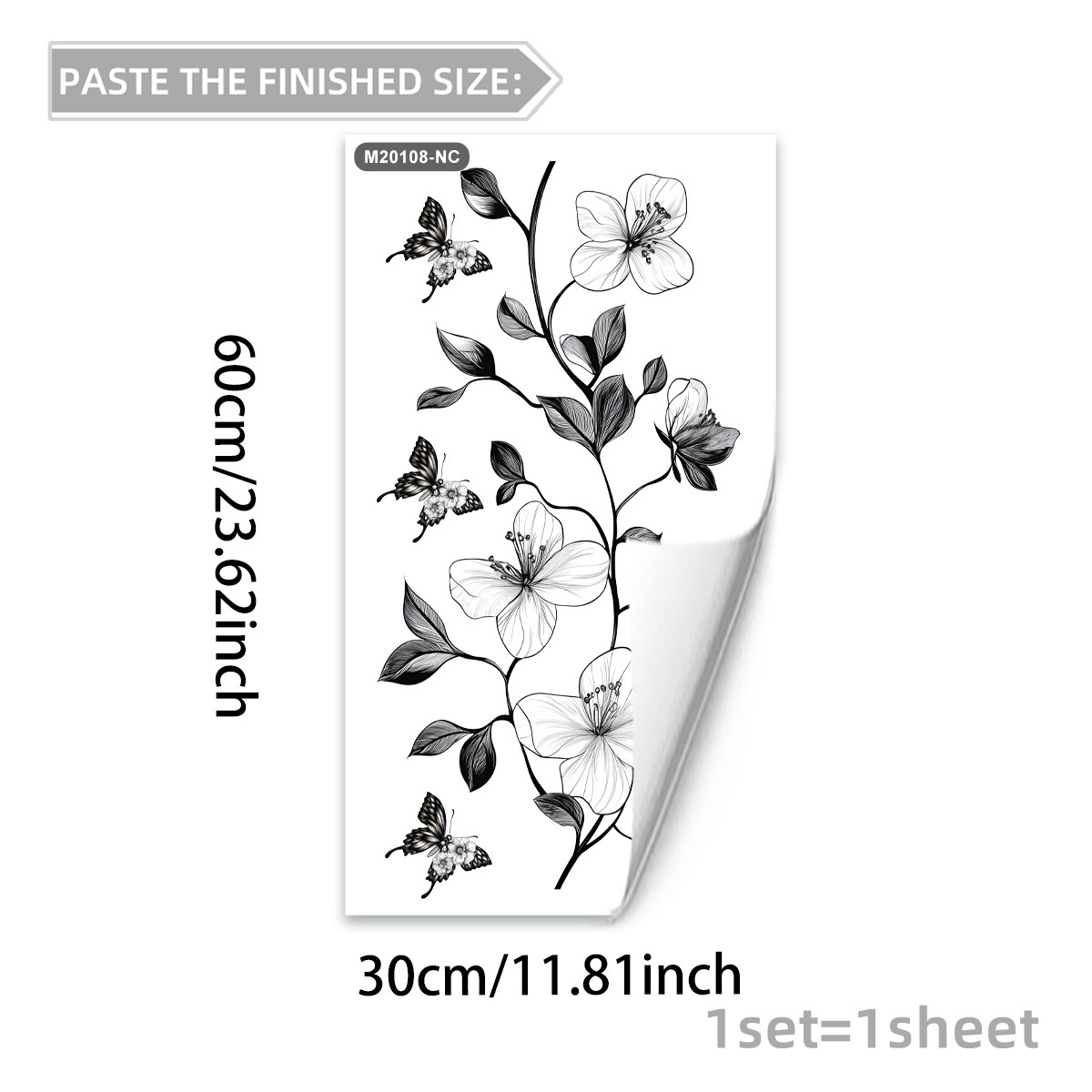 Minimalist black floral vine and butterfly wall sticker
