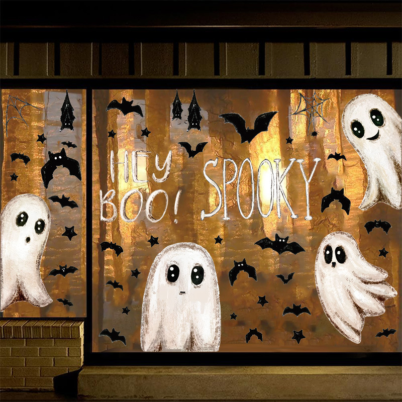 Halloween window cling decals featuring ghosts and bats