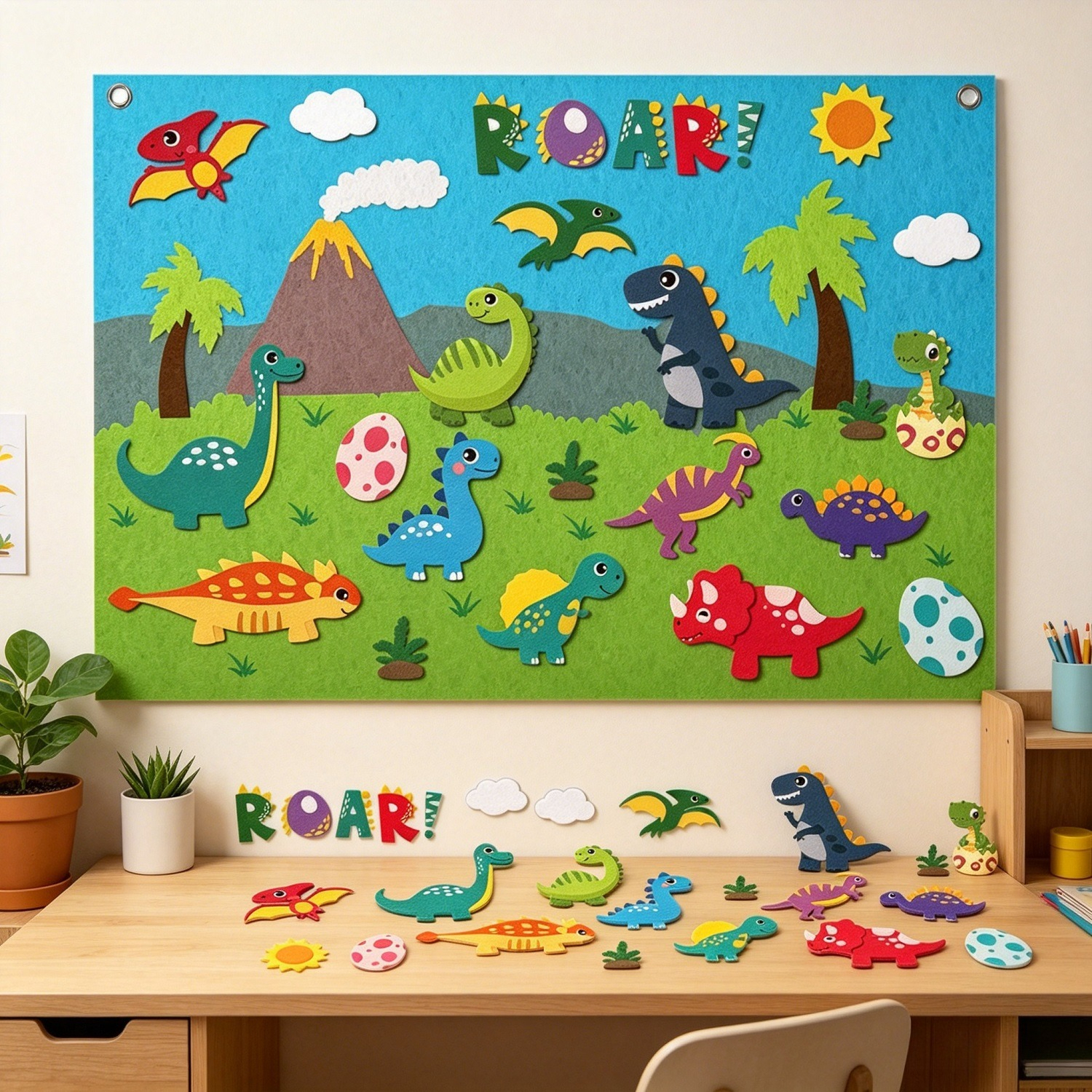 Dinosaur felt stickers on a felt storyboard