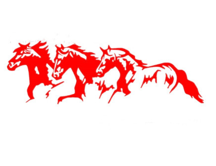 Auto decal featuring three horses in black, white, red, and blue