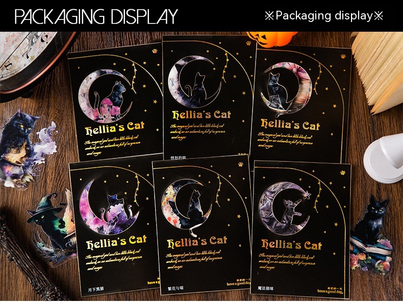 Black Leah's Cat stickers featuring various designs with flowers and moon.