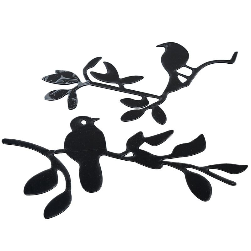 3D Mirror Bird Branch Wall Decal in black, gold, and silver