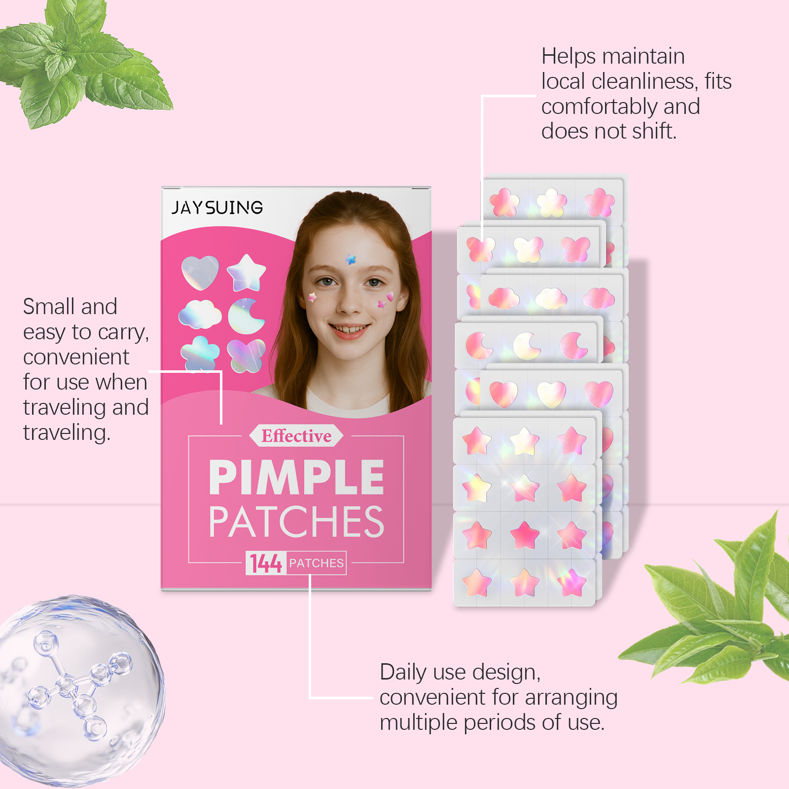 Cute colorful pimple patches in star, moon, heart, cloud shapes