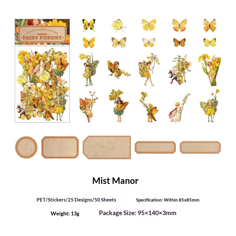 A collection of 50 fairy-themed stickers set in various enchanting designs