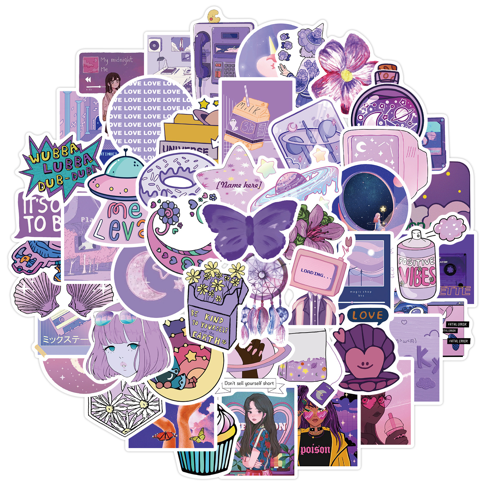 Cute purple girl graffiti stickers in colorful cartoon designs