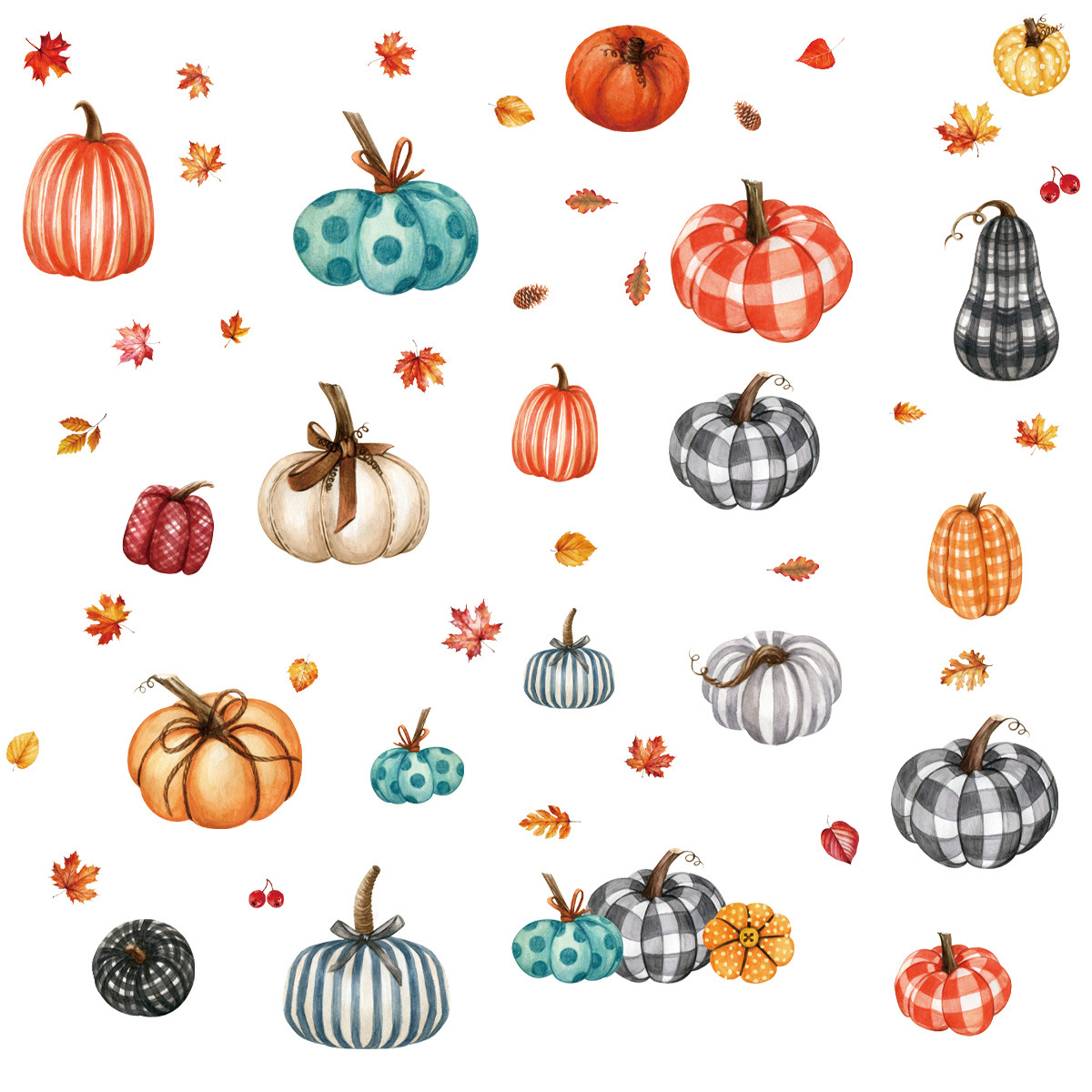 Colorful Thanksgiving window clings featuring pumpkins and leaves