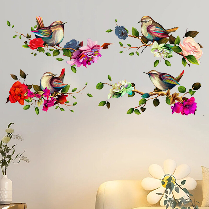 Magpies Branch Flower Wall Decal with colorful birds and flowers.