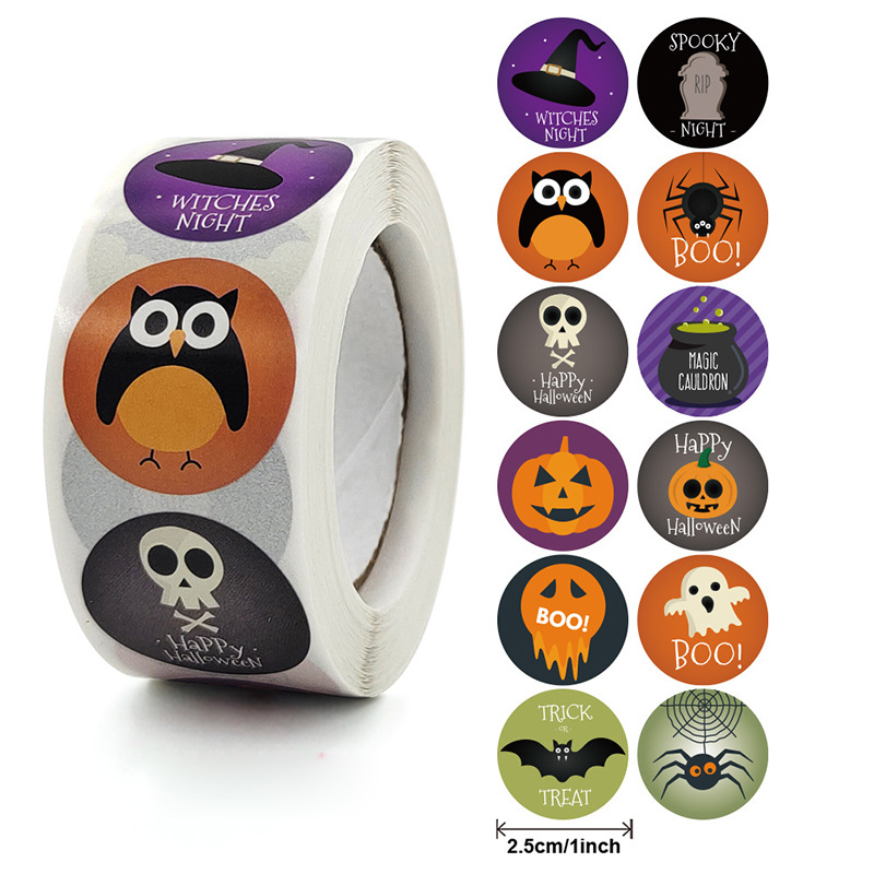 Round Halloween sticker with owl, ghost, skull, pumpkin, and bat designs