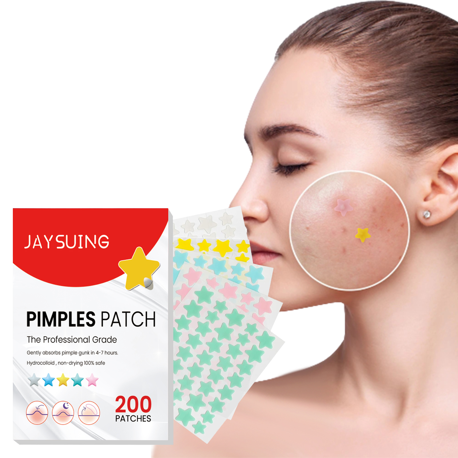 Box of colored acne patches with tea tree oil and witch hazel
