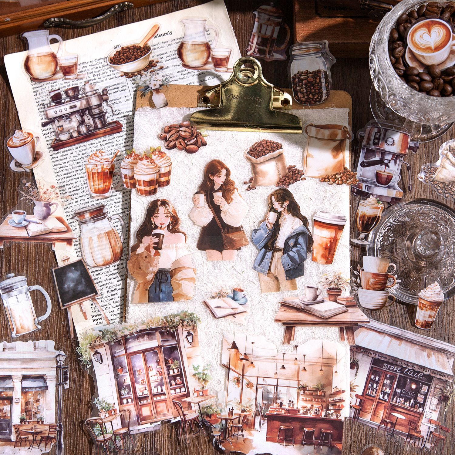 Walking coffee house decorative stickers featuring coffee elements