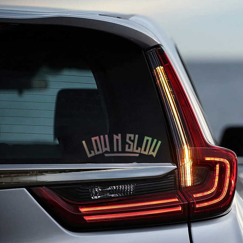 Low N Slow Car Window Decal in reflective silver and rainbow colors