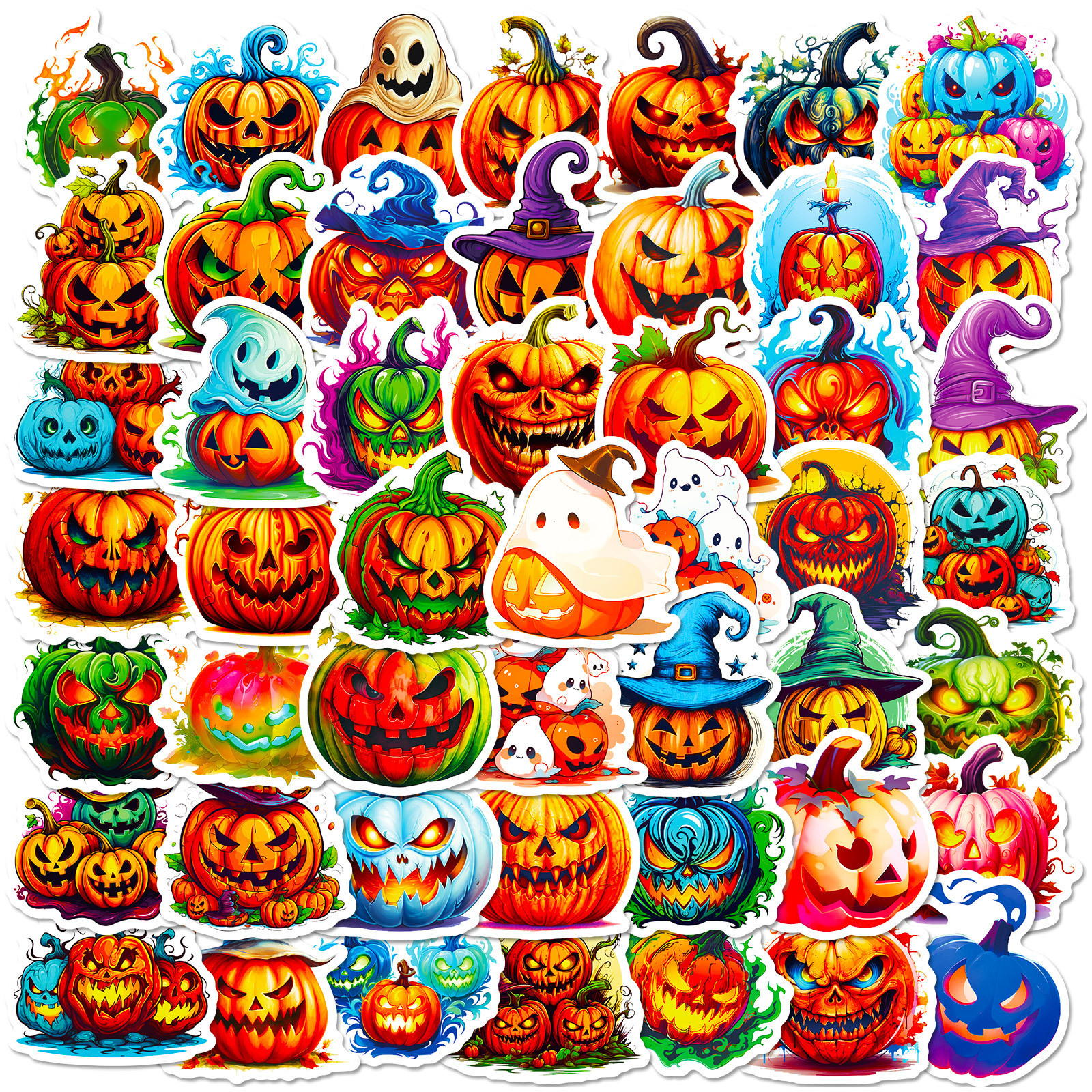 Cartoon pumpkin and witch Halloween stickers for decoration