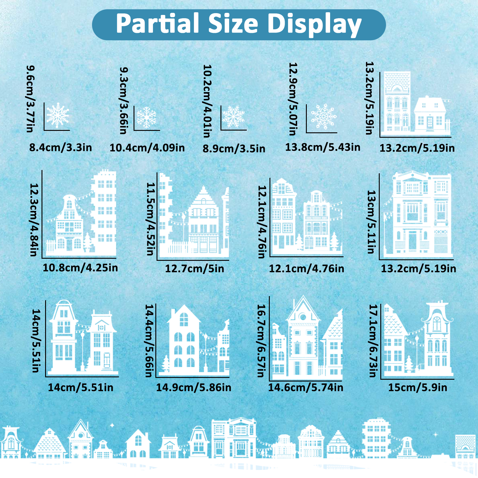 Christmas window stickers featuring snowflakes and houses design.